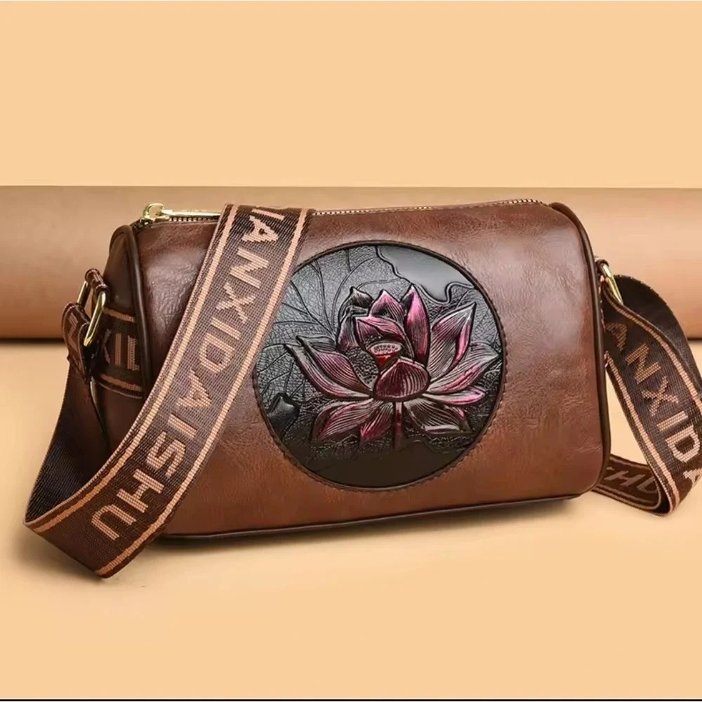 Lotus Embossed Brown Barrel Crossbody Bag Wide Strap Designer Style‎ Purse